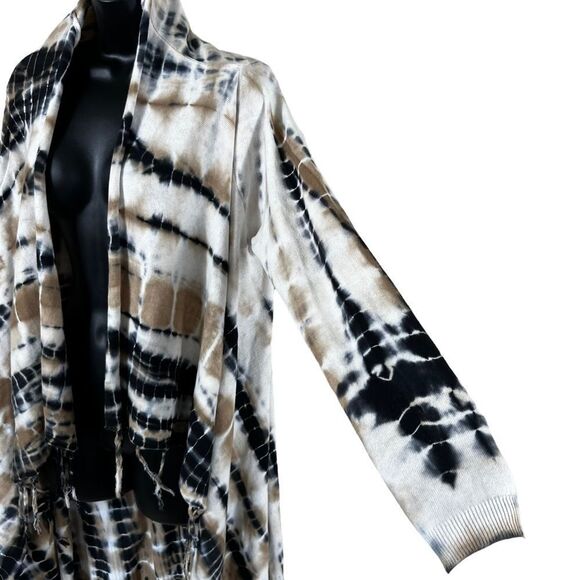 Soft Surroundings Tan Black Tie Die Fringe Open Front Drape Cardigan - Picture 5 of 8